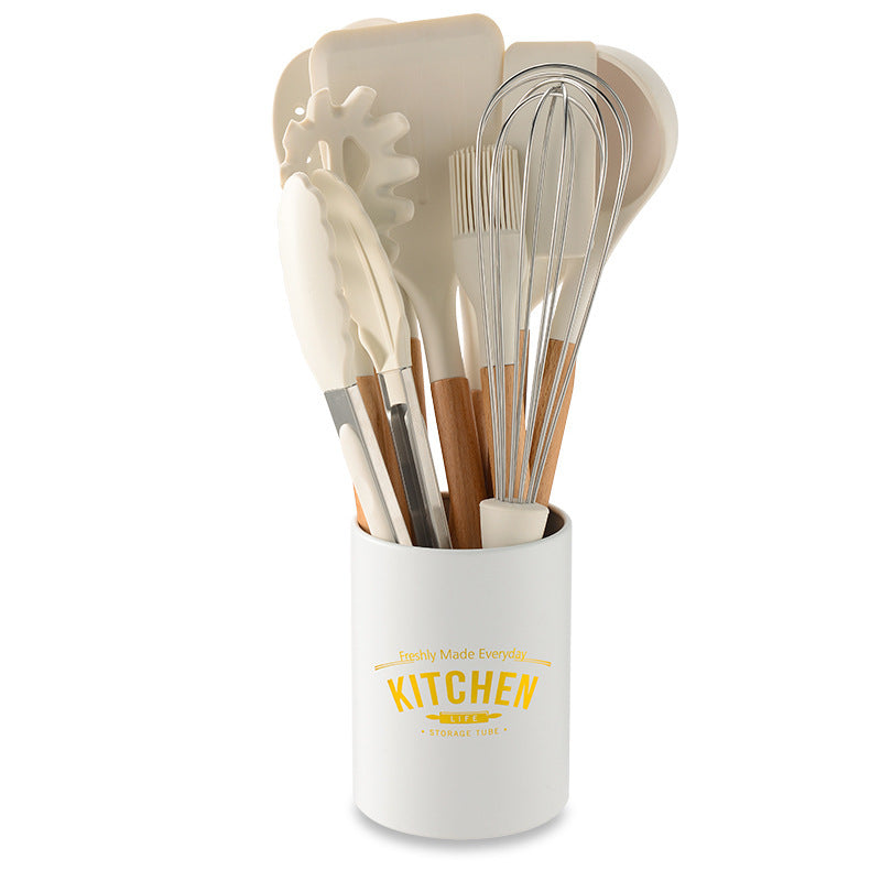 Creamy White Wooden Handle Silicone Kitchenware Set - Min butik