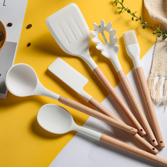 Creamy White Wooden Handle Silicone Kitchenware Set - Min butik